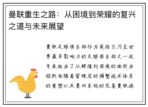曼联重生之路：从困境到荣耀的复兴之道与未来展望