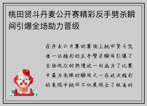 桃田贤斗丹麦公开赛精彩反手劈杀瞬间引爆全场助力晋级