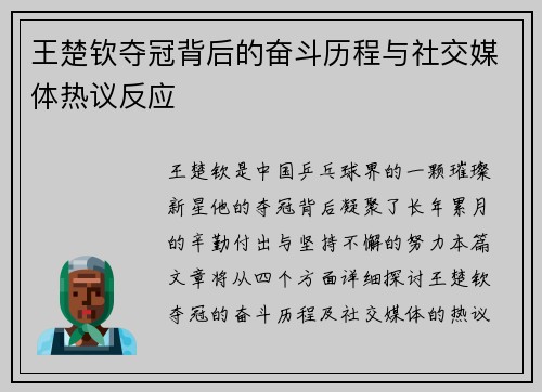 王楚钦夺冠背后的奋斗历程与社交媒体热议反应